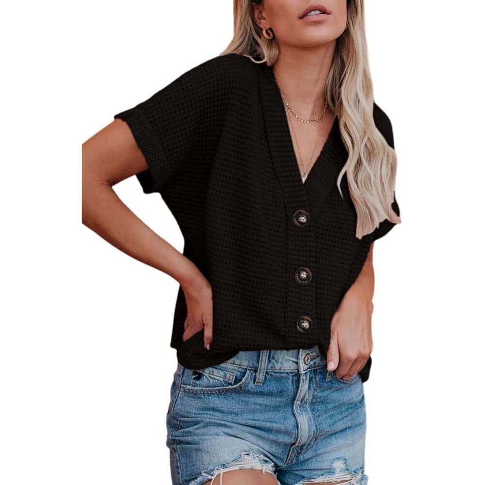 Women's Summer Waffle Knit Button Down Shirt V Neck Casual Short Sleeve